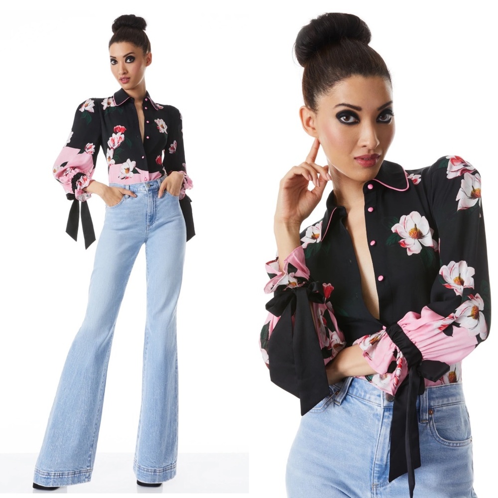 Alice + Olivia Willa Tied Blouson Sleeve Floral Blouse worn twice